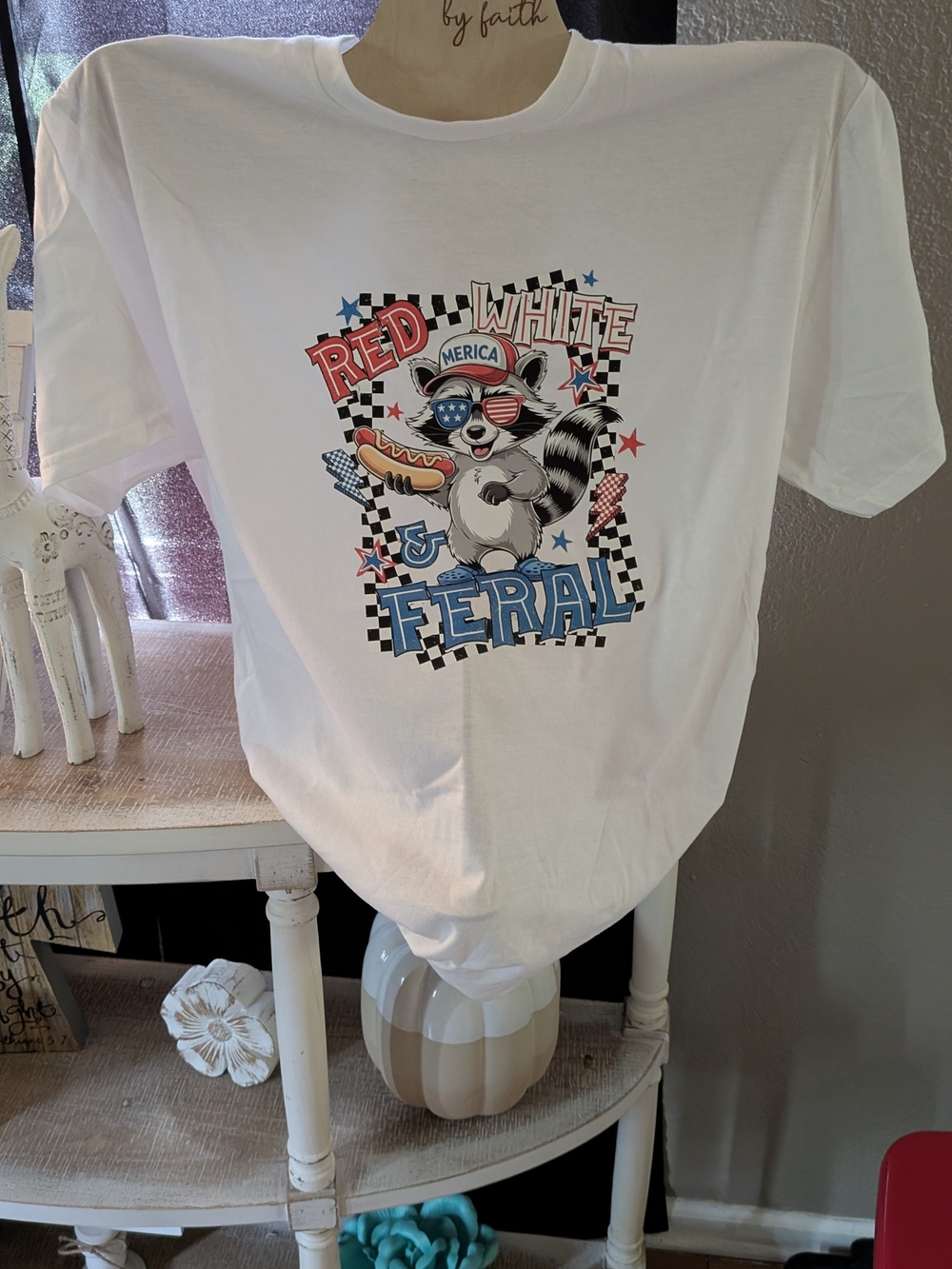 Gildan White "Red White & Feral" Graphic Tee with Red and Blue Print